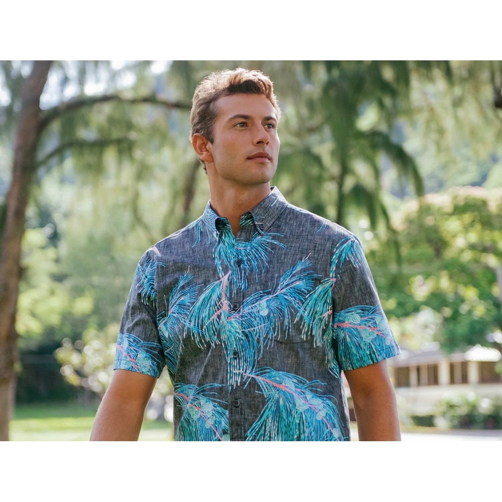 Kahala Mens 2XL Aloha Shirt Grey Teal Tropical Pine Print Cotton Made in Hawaii